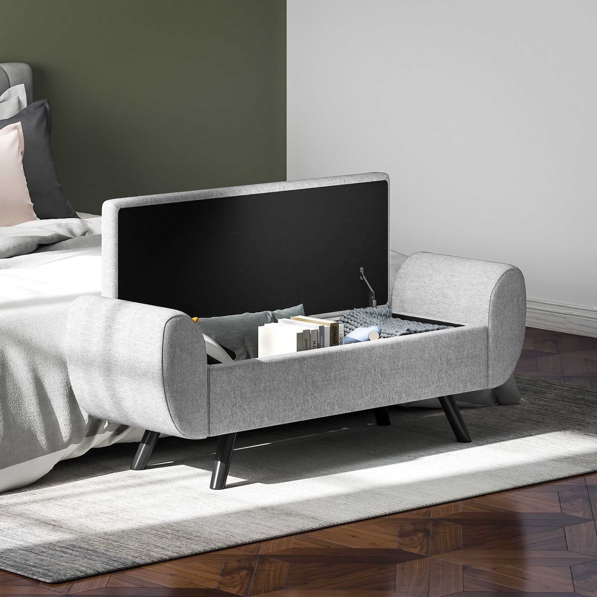 HOMCOM Storage Ottoman with Armrest, Upholstered Linen Storage Bench, Window Seat with Rubberwood Legs, Footstool for Bedroom Living Room, Hallway, Dark Grey 