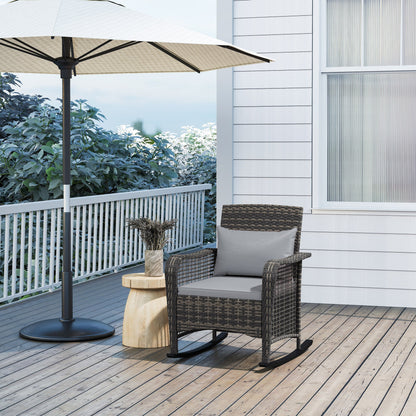 Outsunny Garden Rocking Chair, Outdoor Rattan Rocker Lounge Chair with Seat and Back Cushions, Patio Armchair Seat with All-weather Wicker, Steel Frame for Porch Balcony, Light Grey 
