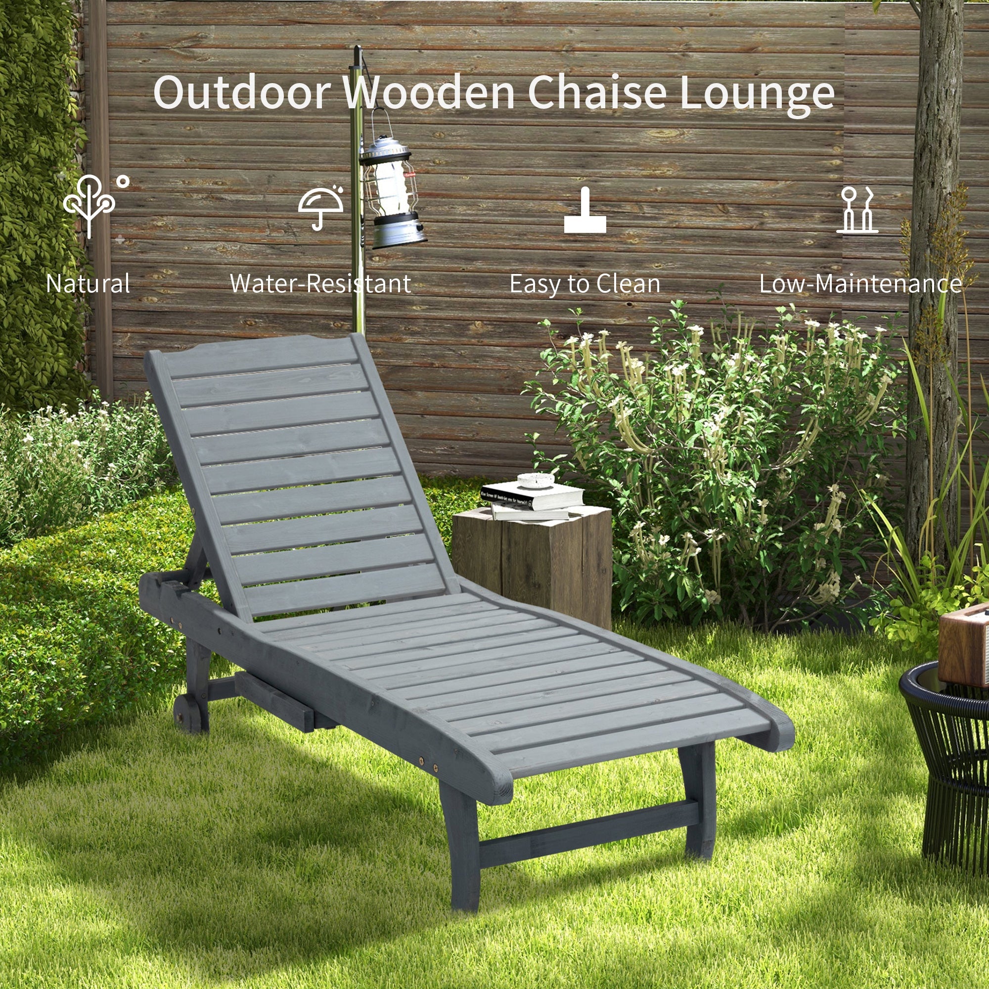 Outsunny Garden Patio Sun Lounger, Outdoor Wooden Sun Bed with Built-In Table, Reclining Backrest and Rolling Wheels for Sunbathing, Grey 