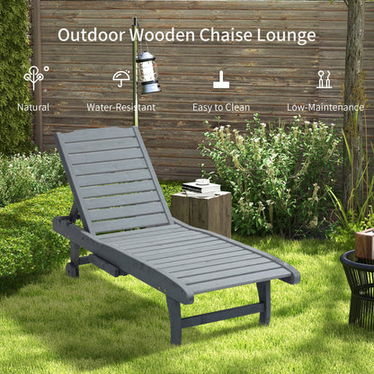 Outsunny Garden Patio Sun Lounger, Outdoor Wooden Sun Bed with Built-In Table, Reclining Backrest and Rolling Wheels for Sunbathing, Grey 
