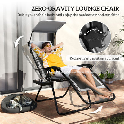 Outsunny Zero Gravity Lounger Chair Set of 2, Folding Reclining Patio Chair with Shade Cover, Padded Seat, Cup Holder, Soft Cushion and Headrest for Poolside, Camping, Light Grey 