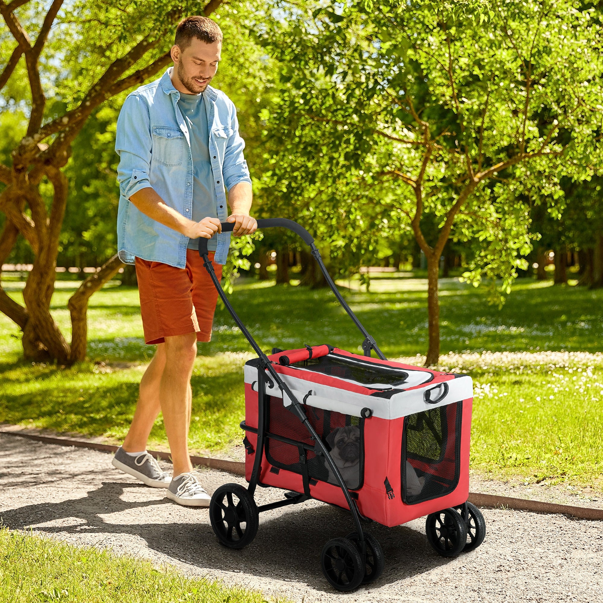 PawHut Foldable Dog Stroller, Pet Travel Crate, with Detachable Carrier, Soft Padding, for Mini, Small Dogs - Red 
