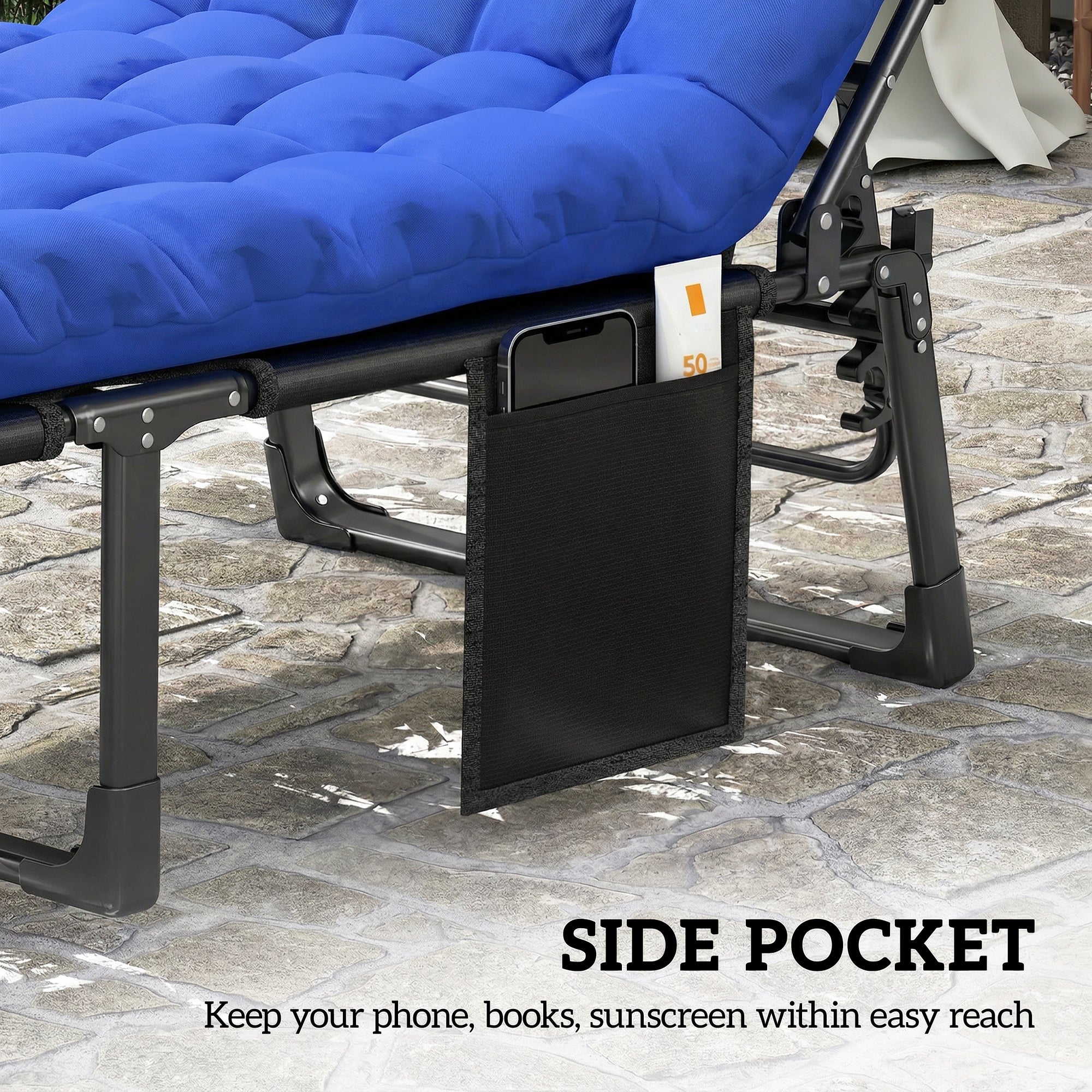 Outsunny Folding Sun Loungers for Garden Set of 2, 5-Position Oversized Camping Bed Recliner with Cushions, Blue 