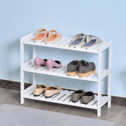 HOMCOM 3-Tier Shoe Rack Wood Frame Slatted Shelves Spacious Open Hygienic Storage Home Hallway Furniture Family Guests 70L x 26W x 57.5H cm - White 