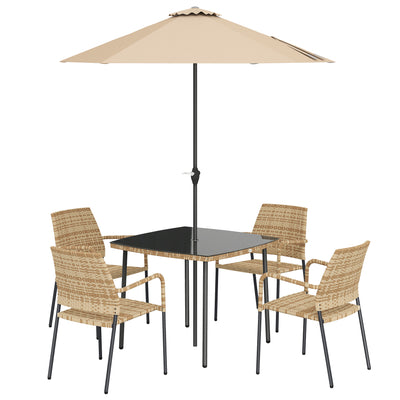 Outsunny 4 Seater Rattan Dining Set with Parasol, 6 Piece Garden Table and Stackable Chairs with Tempered Glass Tabletop 