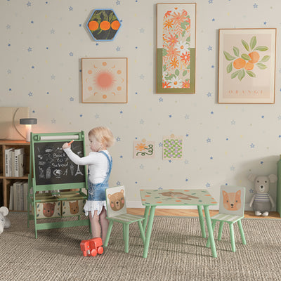 ZONEKIZ Kids Table and Chair Set and Kids Easel with Paper Roll, Storage Baskets, Kids Activity Furniture Set, Green 