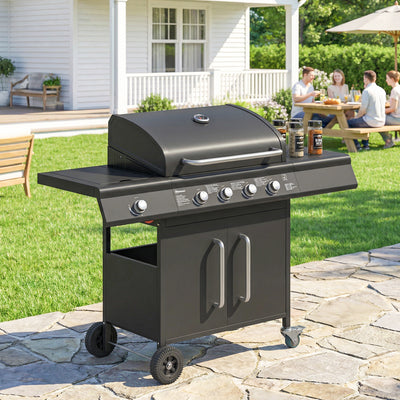 Outsunny 4+1 Burner Gas BBQ Grill with Storage Cabinet, 15.2 kW Gas Barbecue Trolley with Side Table, 4 Wheels, Warming Rack 