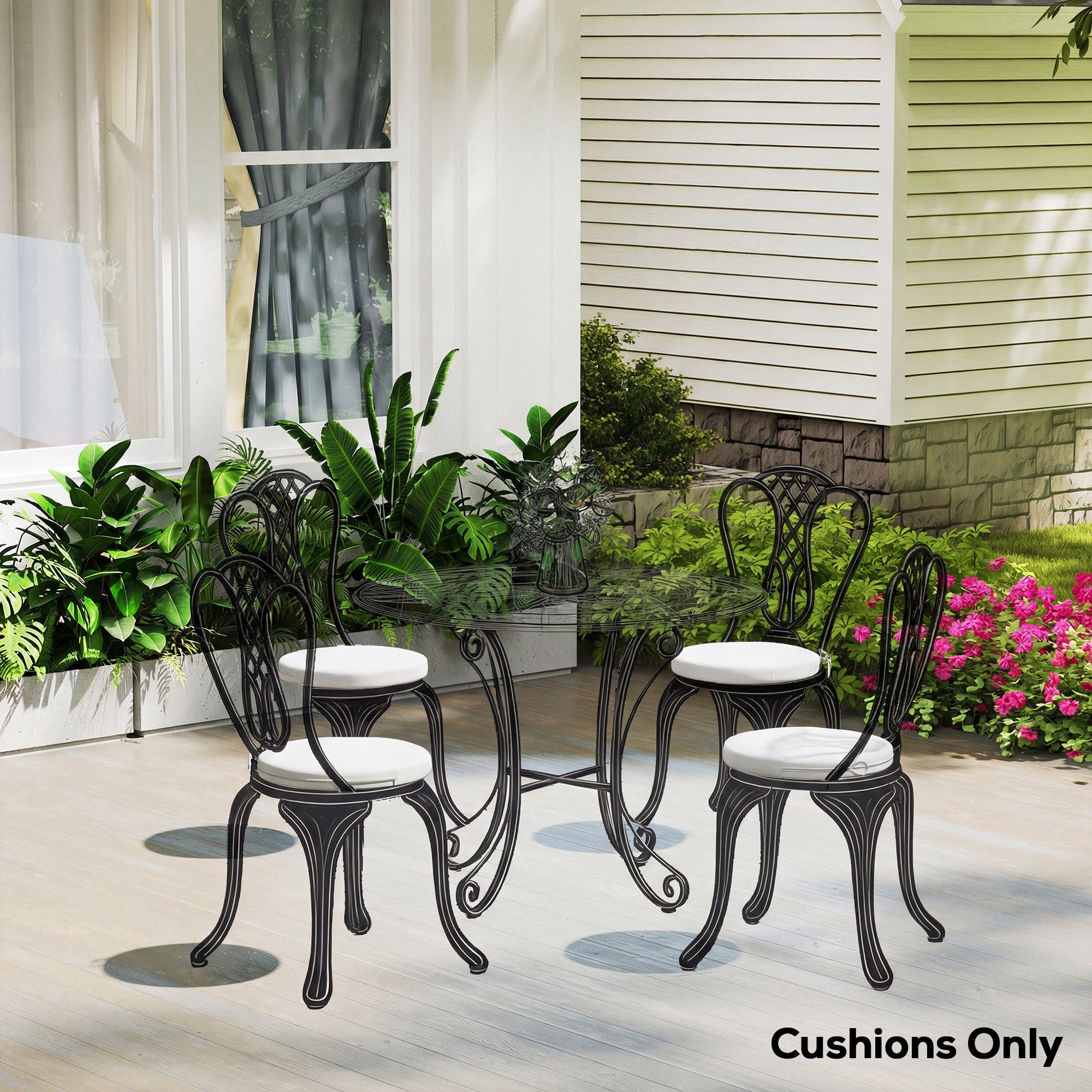 Outsunny Outdoor Bistro Chair Cushions Set of 4 with Removable Cover, 41 x 41 x 5 cm Round Seat Cushions with Ties, White 