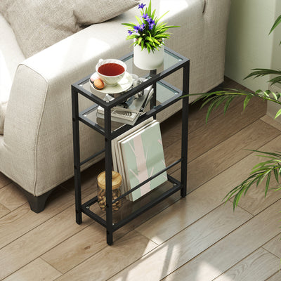 HOMCOM 3-Tier Side Table, Narrow End Table with Storage Shelf and Tempered Glass Tabletop for Small Spaces, Black 
