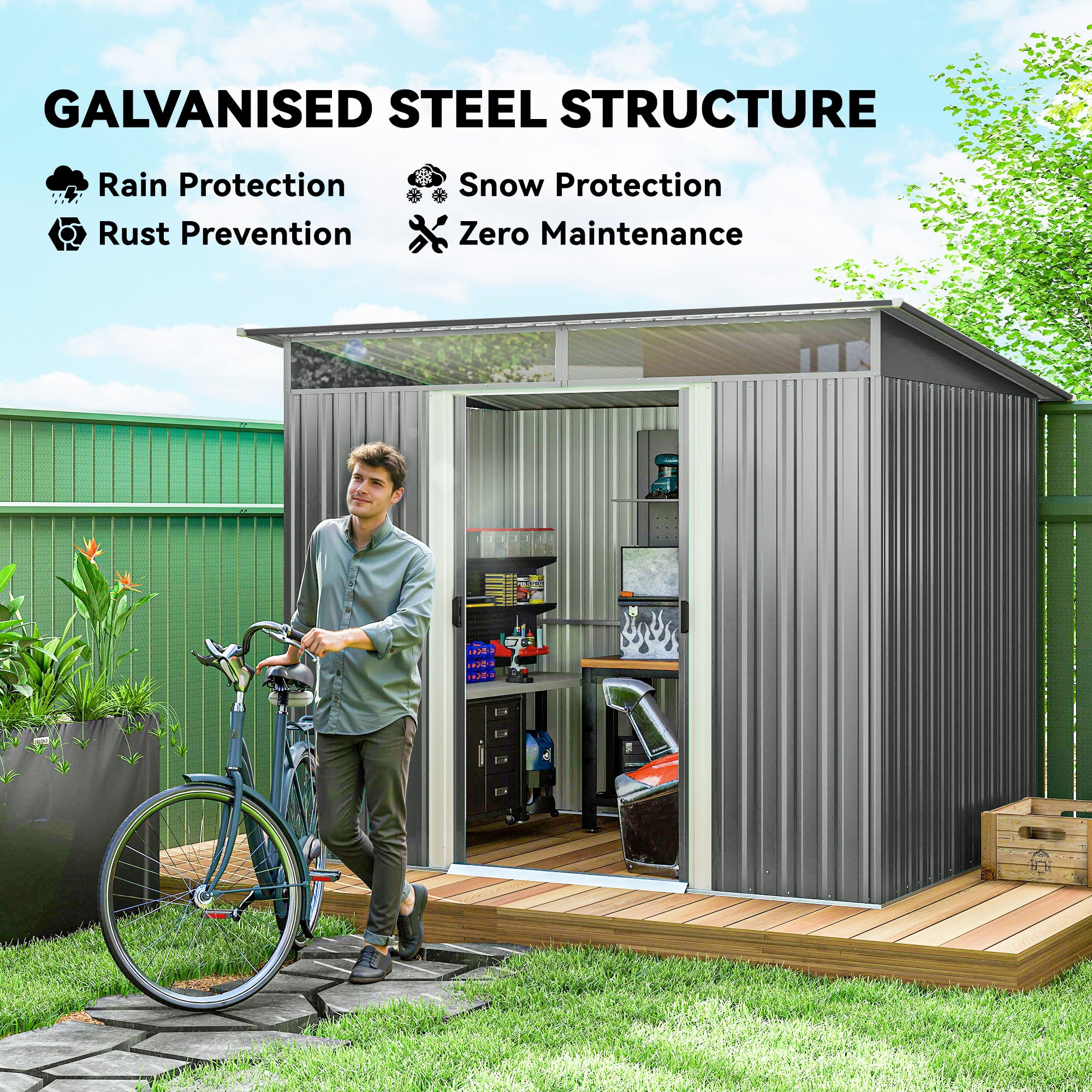 Outsunny 9ft x 6.5ft Garden Storage Shed with Top Window, Metal Outdoor Shed Tool House with Double Doors, Light Grey 