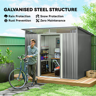 Outsunny 9ft x 6.5ft Garden Storage Shed with Top Window, Metal Outdoor Shed Tool House with Double Doors, Light Grey 