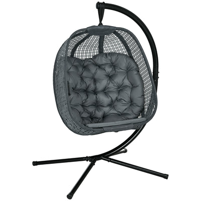 Outsunny Outdoor Swing Chair with Thick Padded Cushion, Patio Hanging Chair with Metal Stand, Egg Chair with Foldable Basket, Cup Holder, for Indoor and Outdoor, Dark Grey 