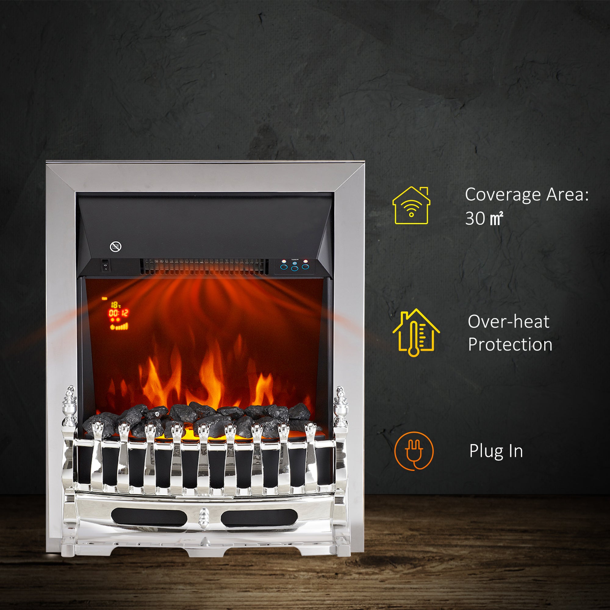 HOMCOM Contemporary Electric Fireplace Coal Burning Flame Effect Inset Fire Place Space Heater Glass View LED Lighting with Remote Control, 1000W/2000W 