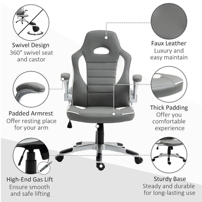 Vinsetto Computer Gaming Chair, Office Desk Swivel Chair, PU Leather Racing Chair with 90\'c2\'b0 Flip-up Armrest, Adjustable Height and Rolling Wheels, Grey