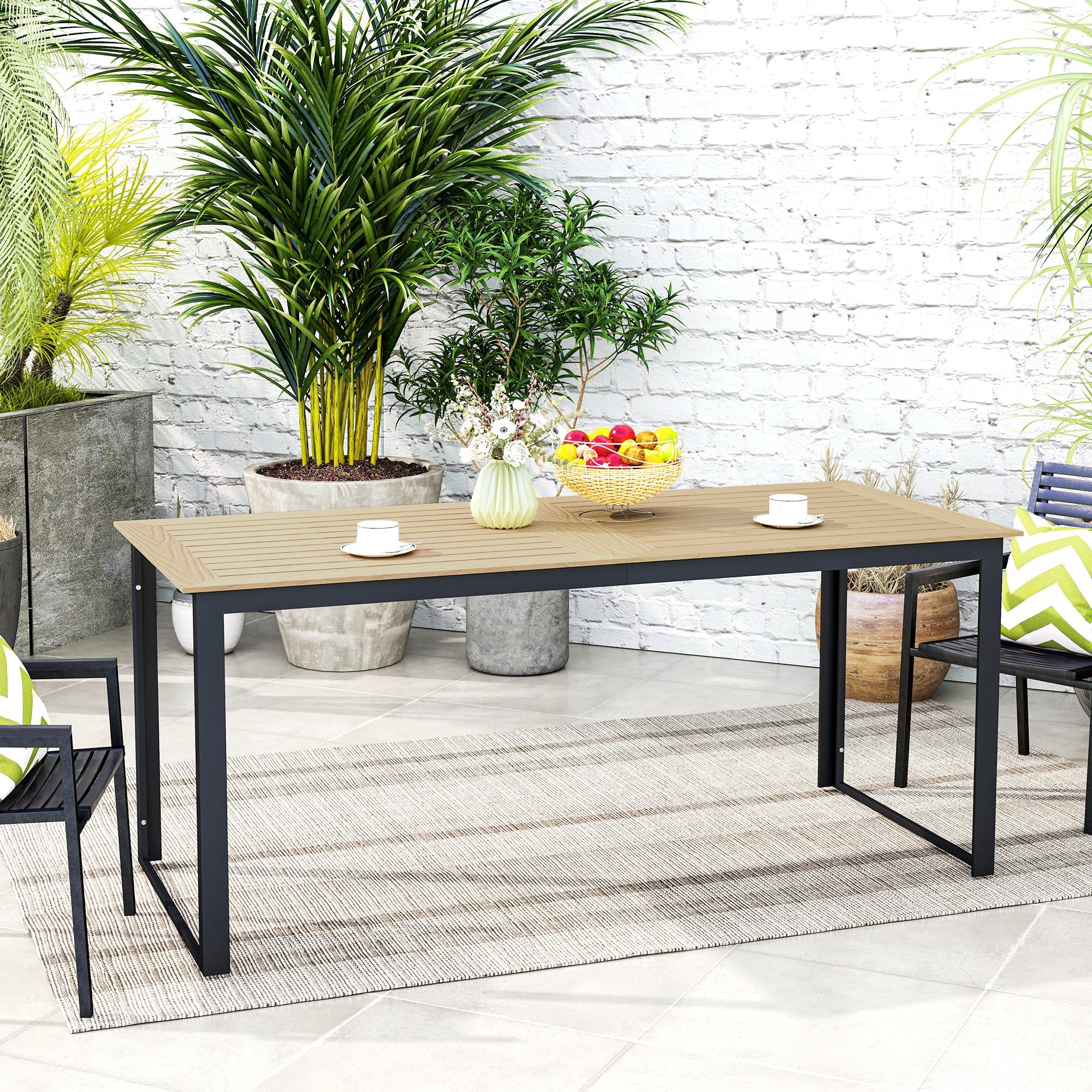 Outsunny Garden Dining Table, 175 x 78 x 75 cm Rectangle Outdoor Table for 6 People with Slatted Table Top, Metal Frame, for Balcony, Deck, Teak 