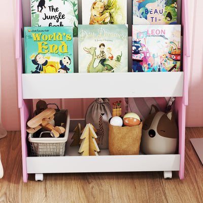 AIYAPLAY Kids Bookshelf with Toy Storage, Double-Sided Bookcase with Wheels, 3 Tier Kids Book Rack for Bedroom, Pink 