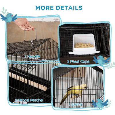 PawHut Metal Bird Cage with Plastic Swing Perch Food Container Tray Handle for Finch Canary Budgie 43.5 x 33 x 63 cm, Black 