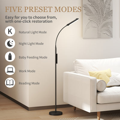 HOMCOM LED Floor Lamp, Standing Lamp with Remote & Touch Control, Stepless Dimmable Colours Temperature & Brightness, 360° Adjustable Gooseneck, 1 Hour Timer, Memory Function for Living Room, Black 