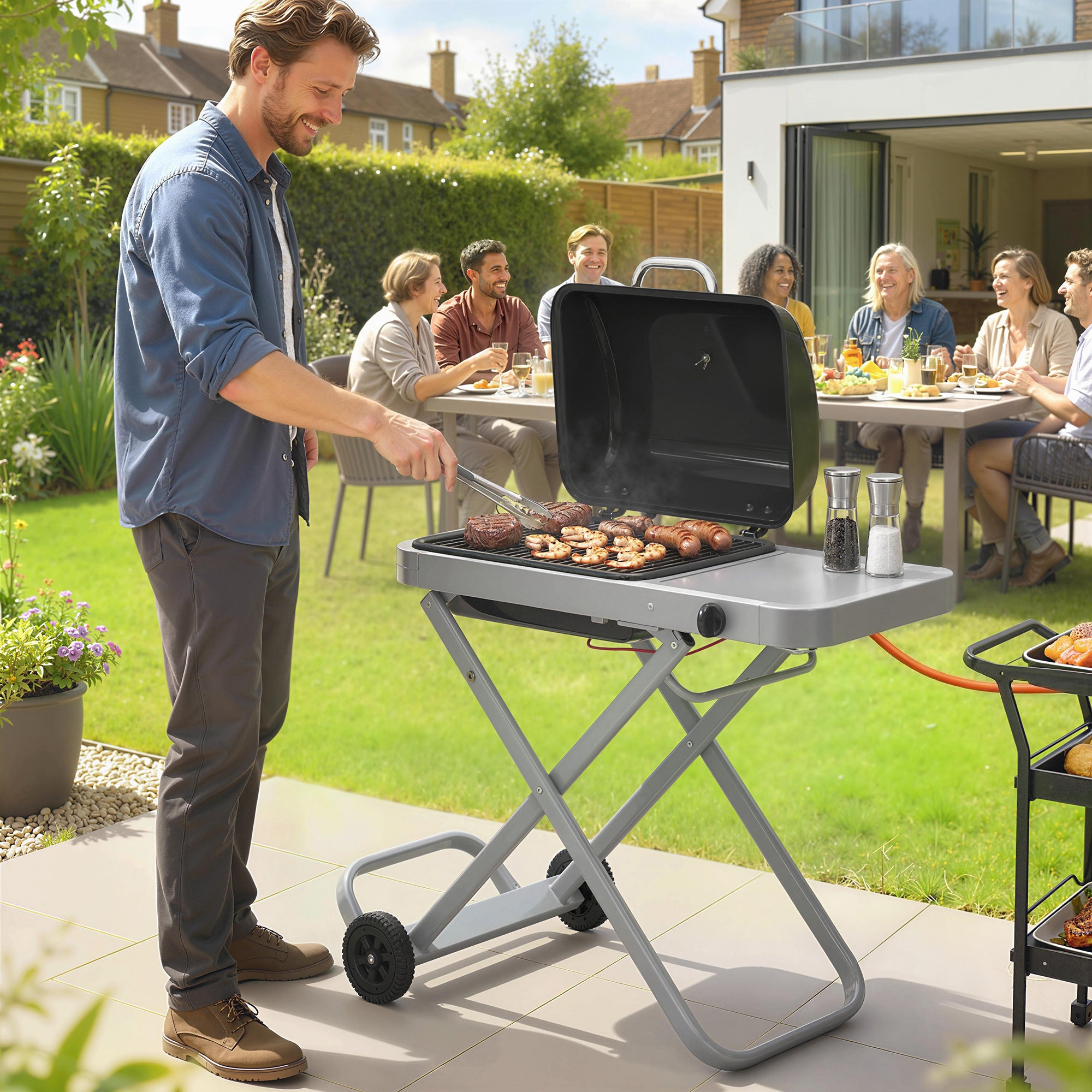 Outsunny Foldable Gas BBQ Grill with Side Table, Portable Gas Barbecue Grill with Thermometer, Grease Box, Wheels, 2.5 kW, Black 