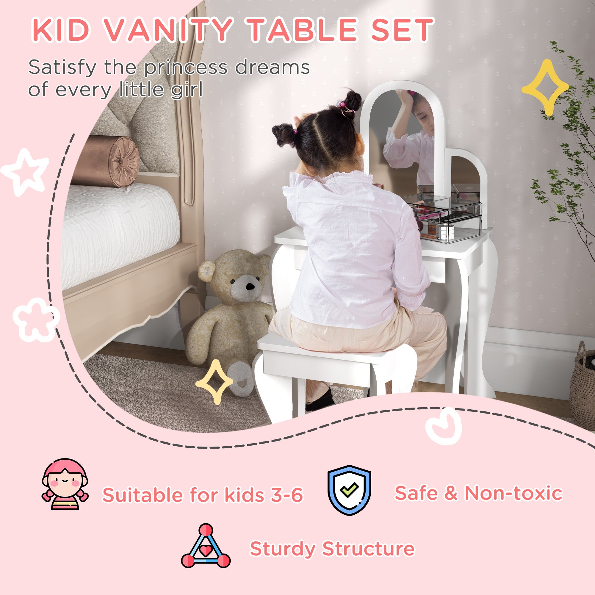 HOMCOM Kids Dressing Table Set, with Mirror and Drawer - White 