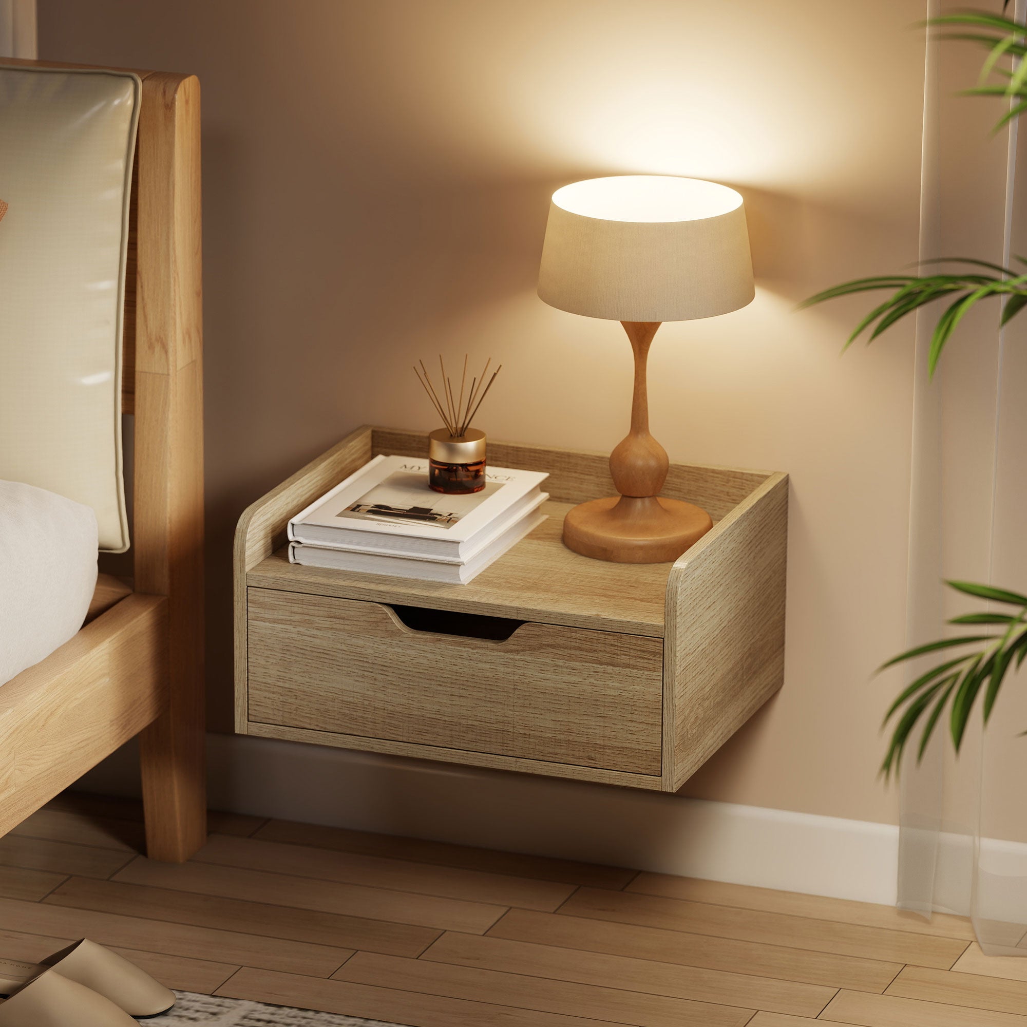 HOMCOM Floating Nightstands Set of 2, Wall Mounted Bedside Table with Drawer for Bedroom, Natural Wood 