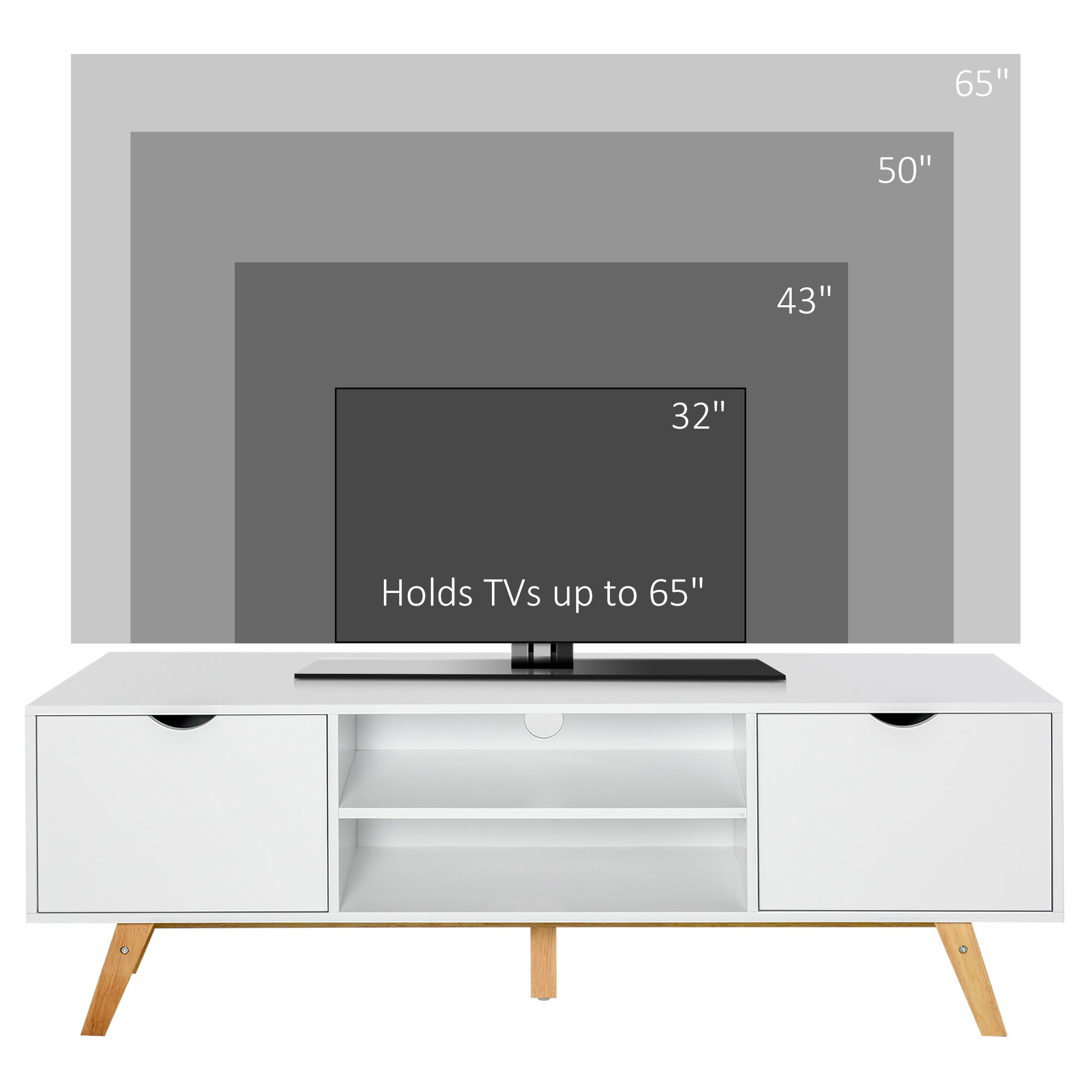 HOMCOM TV Stand Cabinet for TVs up to 65", Media Unit w/Wood Legs Storage Shelves Entertainment Center Modern Living Room Home Furniture White 