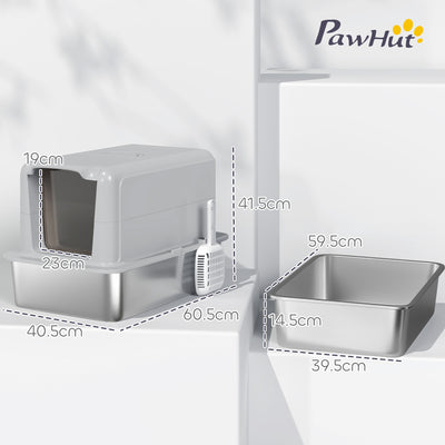 PawHut Stainless Steel Cat Litter Box with Removable Lid, Scoop, Filter Bags, for Larger Cats, Grey 