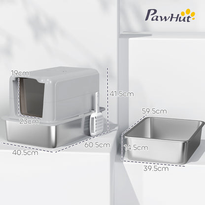 PawHut Stainless Steel Cat Litter Box with Removable Lid, Scoop, Filter Bags, for Larger Cats, Grey
