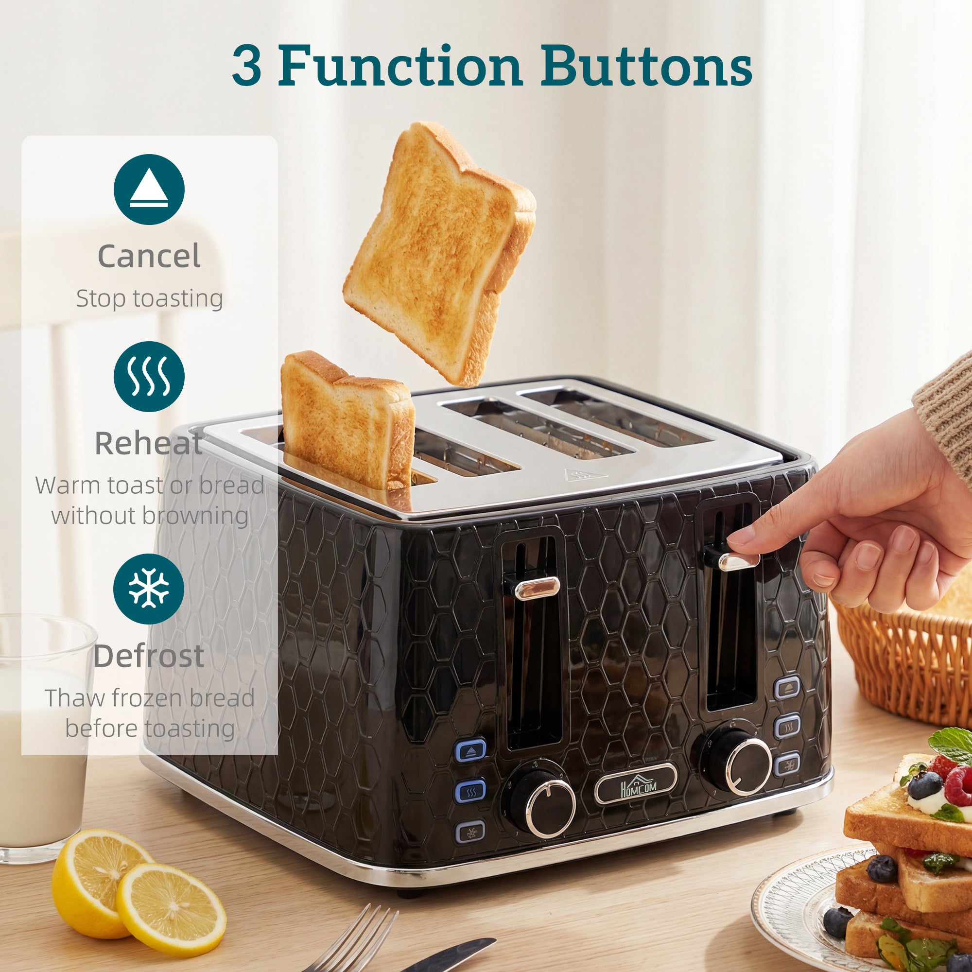 HOMCOM Kettle and Toaster Set, 1.7L 3000W Rapid Kettle with Strix Thermostat, 4 Slice Toaster with 7 Browning Controls, Black 