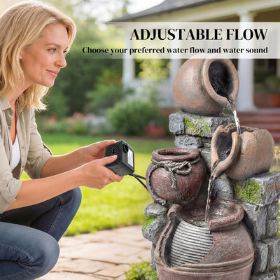 Outsunny Outdoor Fountain with 4-Tier Rustic Pots & Planter, Garden Fountain with LED Lights, Rustic Brown 