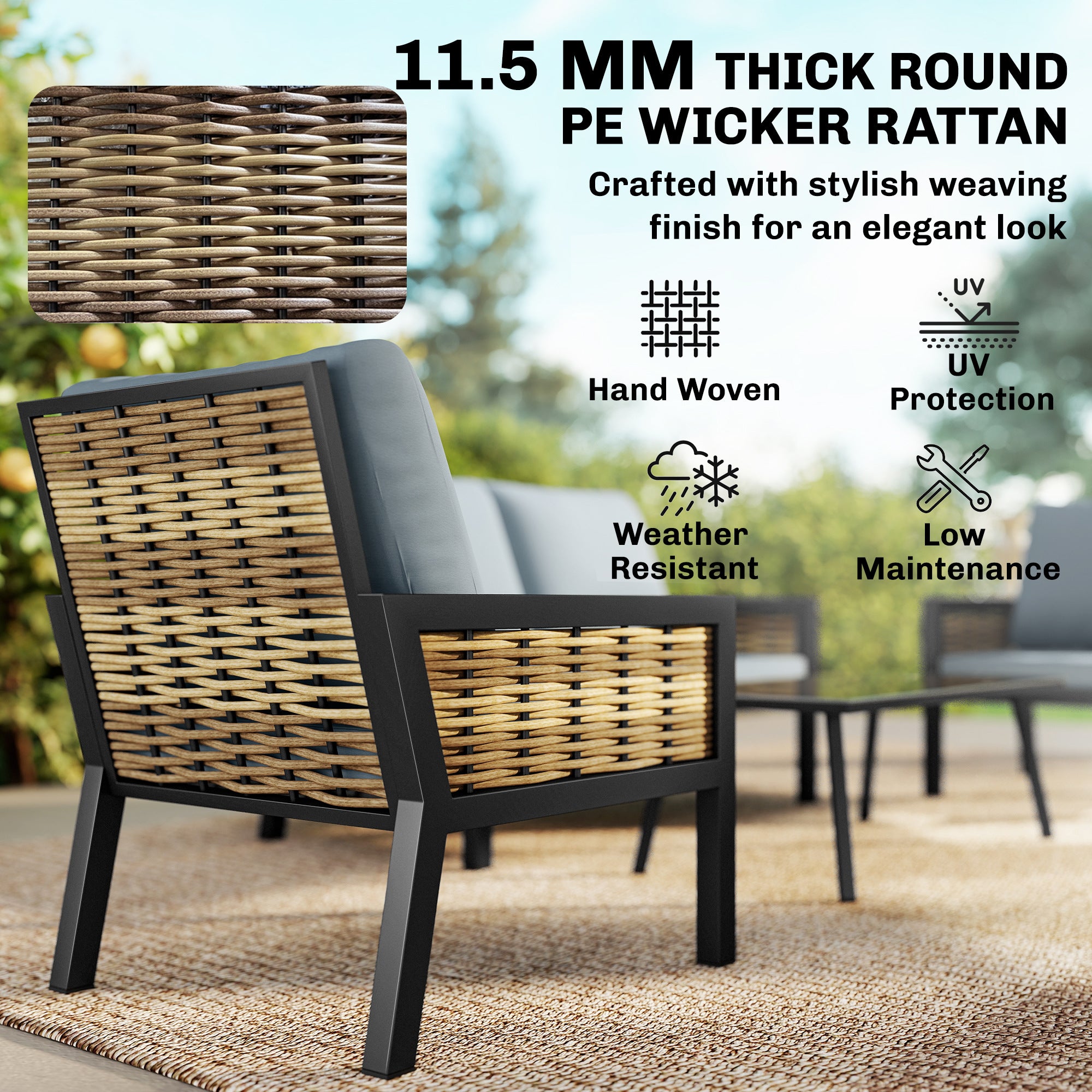 Outsunny 4 Seater Rattan Garden Furniture Set with 2 Armchairs, Loveseat, Coffee Table, Garden Sofa Set with Cushions, Grey 