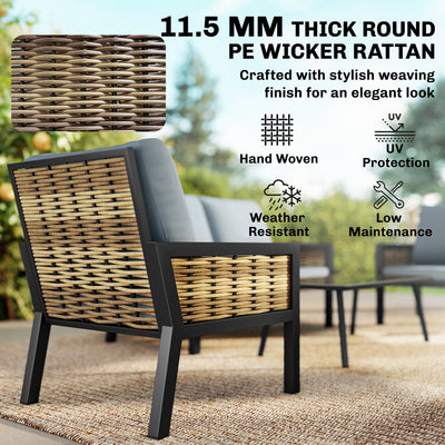 Outsunny 4 Seater Rattan Garden Furniture Set with 2 Armchairs, Loveseat, Coffee Table, Garden Sofa Set with Cushions, Grey 