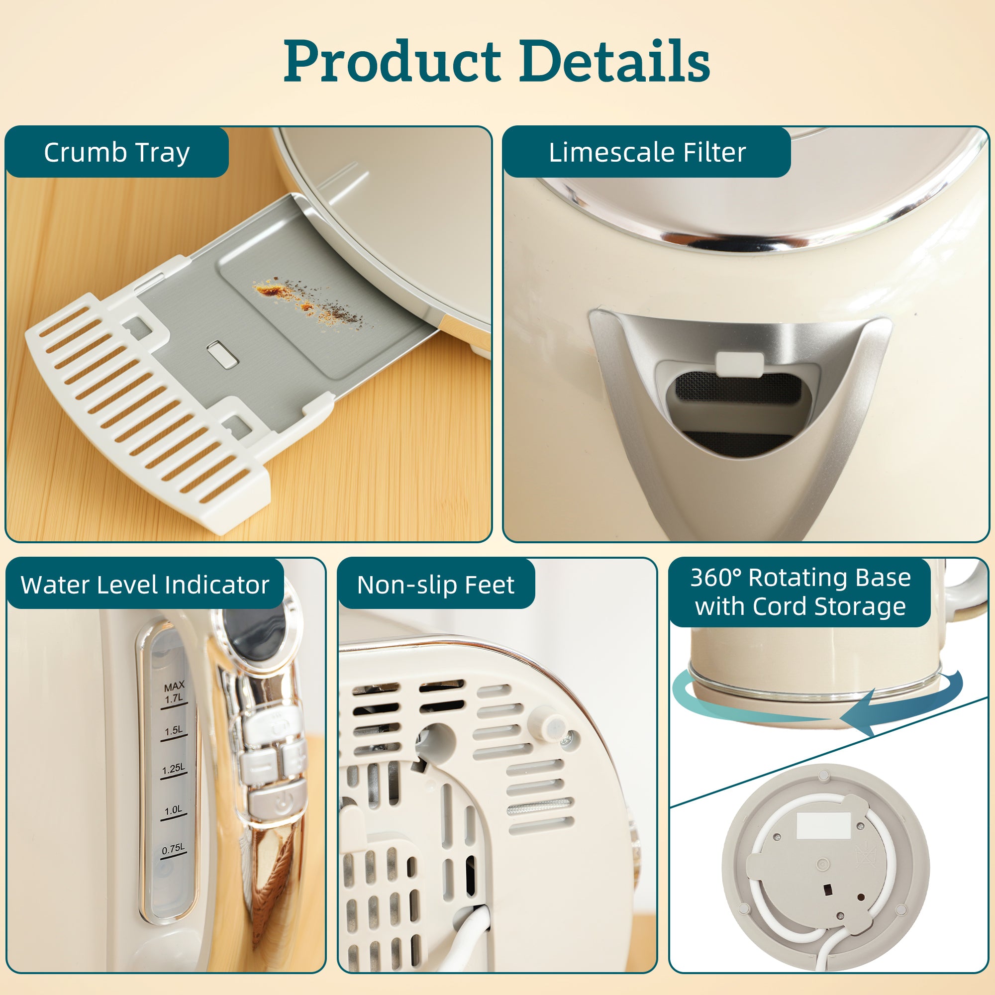 HOMCOM Polished Retro 40-100°C Kettle and Toaster Set - Cream 
