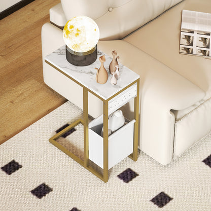 HOMCOM C Shaped Side Table with Charging Station and Faux Marble Top - White