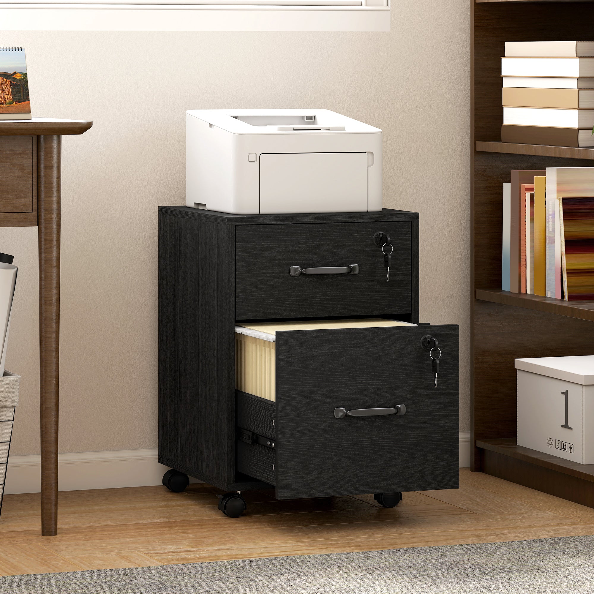 HOMCOM Rolling File Cabinet with 2 Drawers, Mobile Filing Cabinet with Hanging File Folder for Letter Sized Documents, Black 