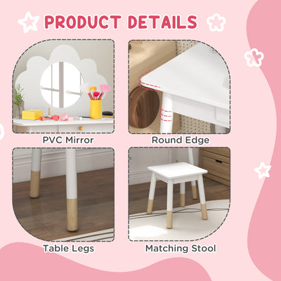 AIYAPLAY Kids Dressing Table with Mirror, Stool, Drawer, Cloud Design, White 