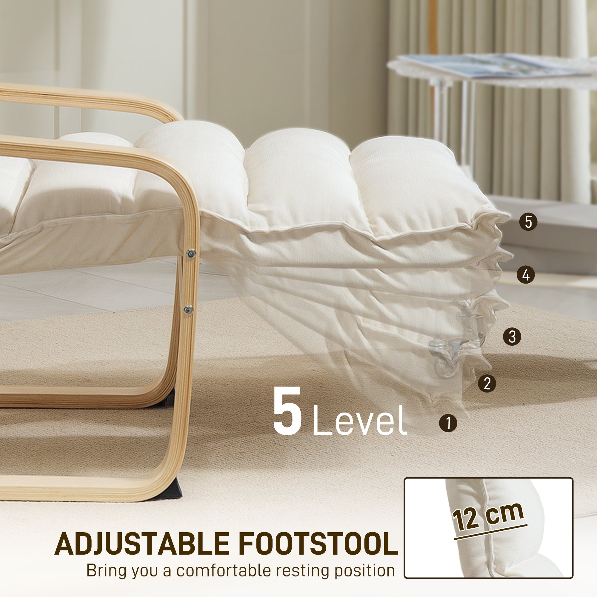 HOMCOM Curved Wooden Accent Chair, with Adjustable Footrest - Cream White 