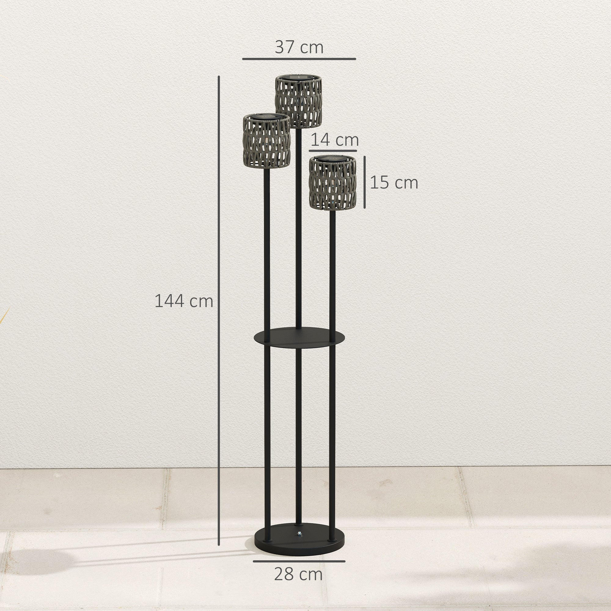 Outsunny Boho Rattan Floor Lamp, 3-Lights Rattan Lamp with Shelf, Freestanding Solar Garden Light with Auto On/Off Lights, Grey 