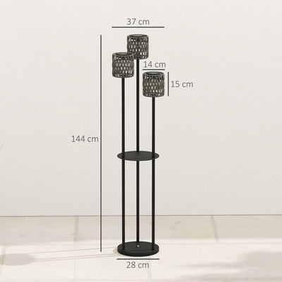 Outsunny Boho Rattan Floor Lamp, 3-Lights Rattan Lamp with Shelf, Freestanding Solar Garden Light with Auto On/Off Lights, Grey 