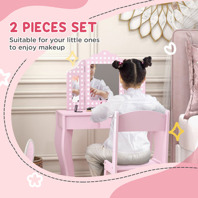 AIYAPLAY Kids Dressing Table Sets with Stool and Tri-Fold Mirror, Drawer for Playroom, Bedroom - Pink 