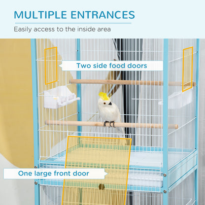 PawHut Bird Cage Budgie Cage 2 In 1 Large Aviary with Wheels Removable Trays for Finch Canaries Cockatiels Light Blue 