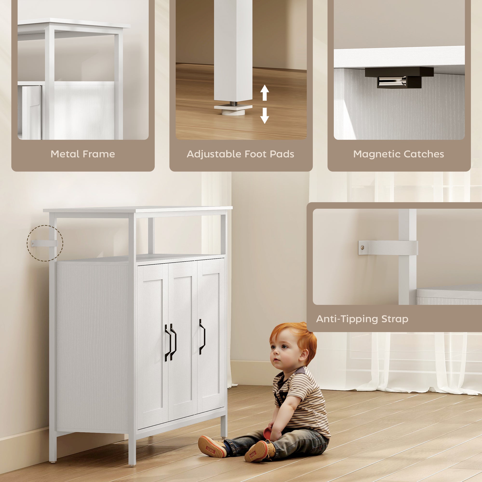 HOMCOM Industrial Kitchen Sideboard with Open Shelf, 2 Cabinets, Adjustable Shelves for Living Room, Dining Room, White 