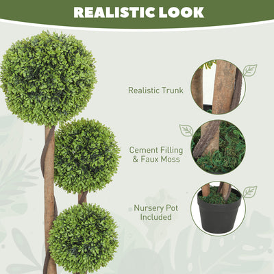 HOMCOM Decorative Artificial Trees Boxwood Ball Topiary Trees Set of 2 in Pot, Fake Plants for Home Indoor Outdoor Decor 