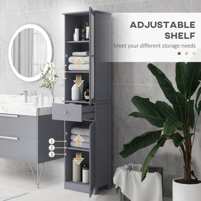 kleankin Bathroom Storage Cabinet with 3-tier Shelf Drawer Door, Floor Cabinet Free Standing Tall Slim Side Organizer Shelves, Grey 