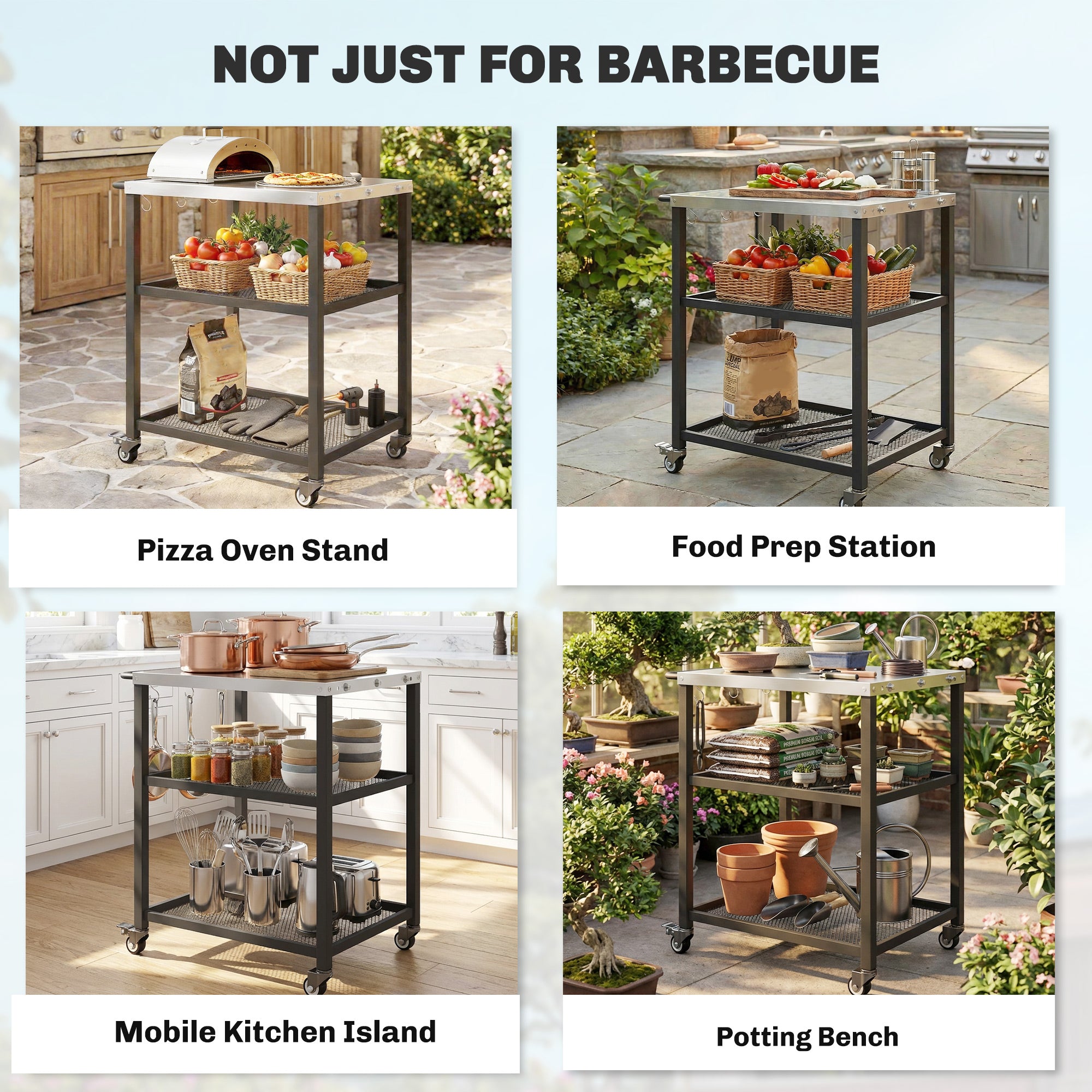 Outsunny Outdoor Grill Cart with Stainless Steel Tabletop, 3-Tier Pizza Oven Stand with Adjustable Shelf, Hooks, Wheels, Black 