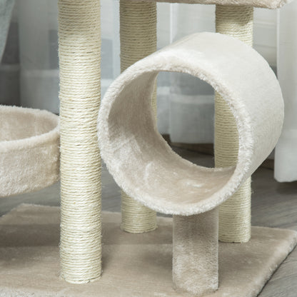 PawHut Cat Tree for Indoor Cats Kitten Pet Scratching Post Perch Activity Center Scratcher Climb Post Play House Arch with Tunnel 105cm Tall Beige 