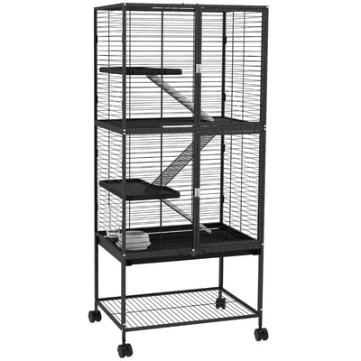 PawHut Rolling Chinchilla Cage, Small Animal Cage for Ferrets w/ Three Doors, Storage, Shelf, Tray Tray, Bowl, Water Bottle 