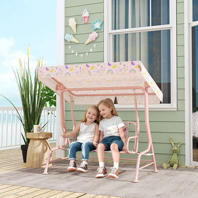 AIYAPLAY Kids Garden Swing Chair with Adjustable Canopy, Safety Belt, 2 Seater Hammock Swing Bench for Patio, Porch, Pink 