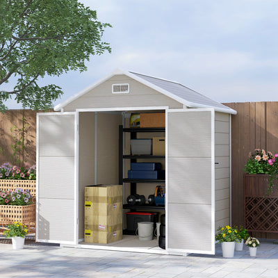 Outsunny 6 x 5ft Garden Shed, Plastic Shed with Floor, Window, Lockable Doors and Vents, Wood Effect Resin Tool Shed for Outdoor Patio, Light Grey 