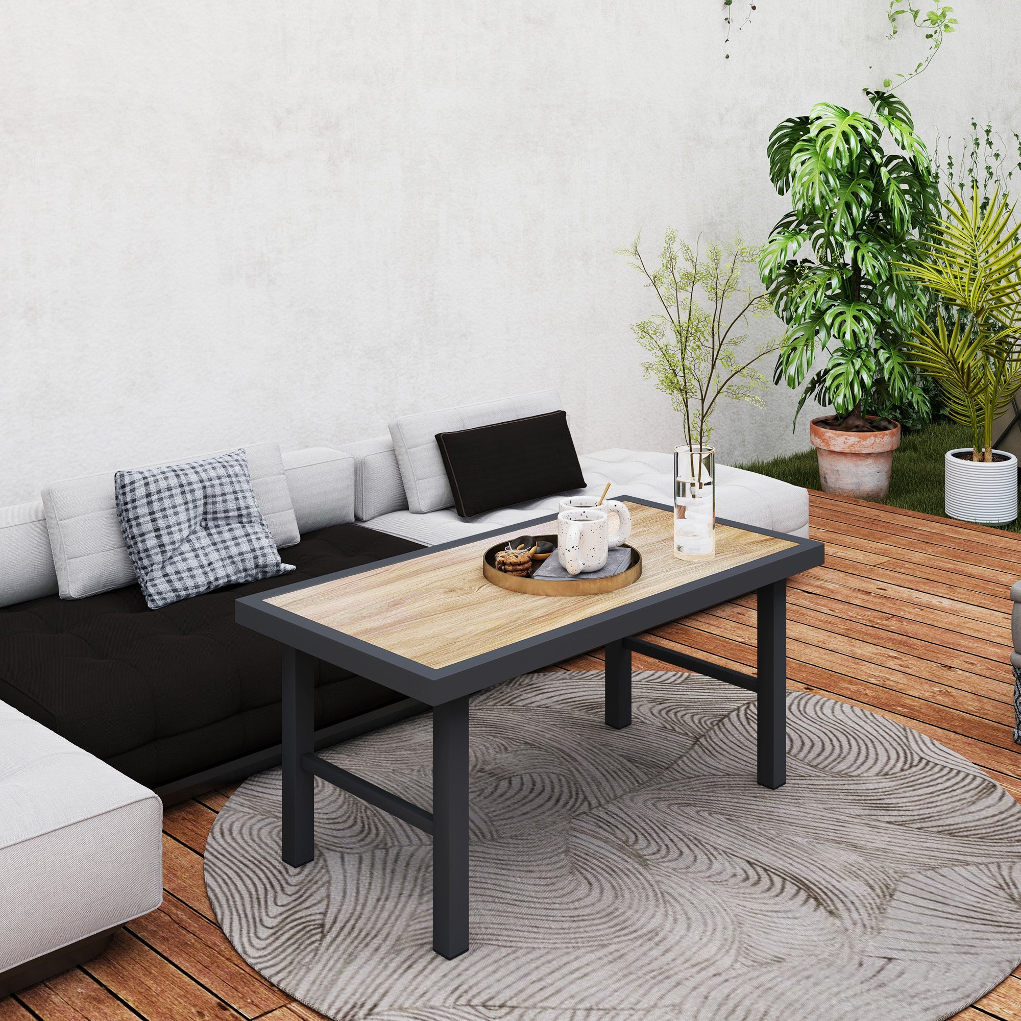 Outsunny Metal Garden Coffee Table, Outdoor Side Table with SPC Woodgrain Tabletop for Outside, Garden, Balcony, Porch, 100 x 53 x 46cm, Brown Wood Effect 